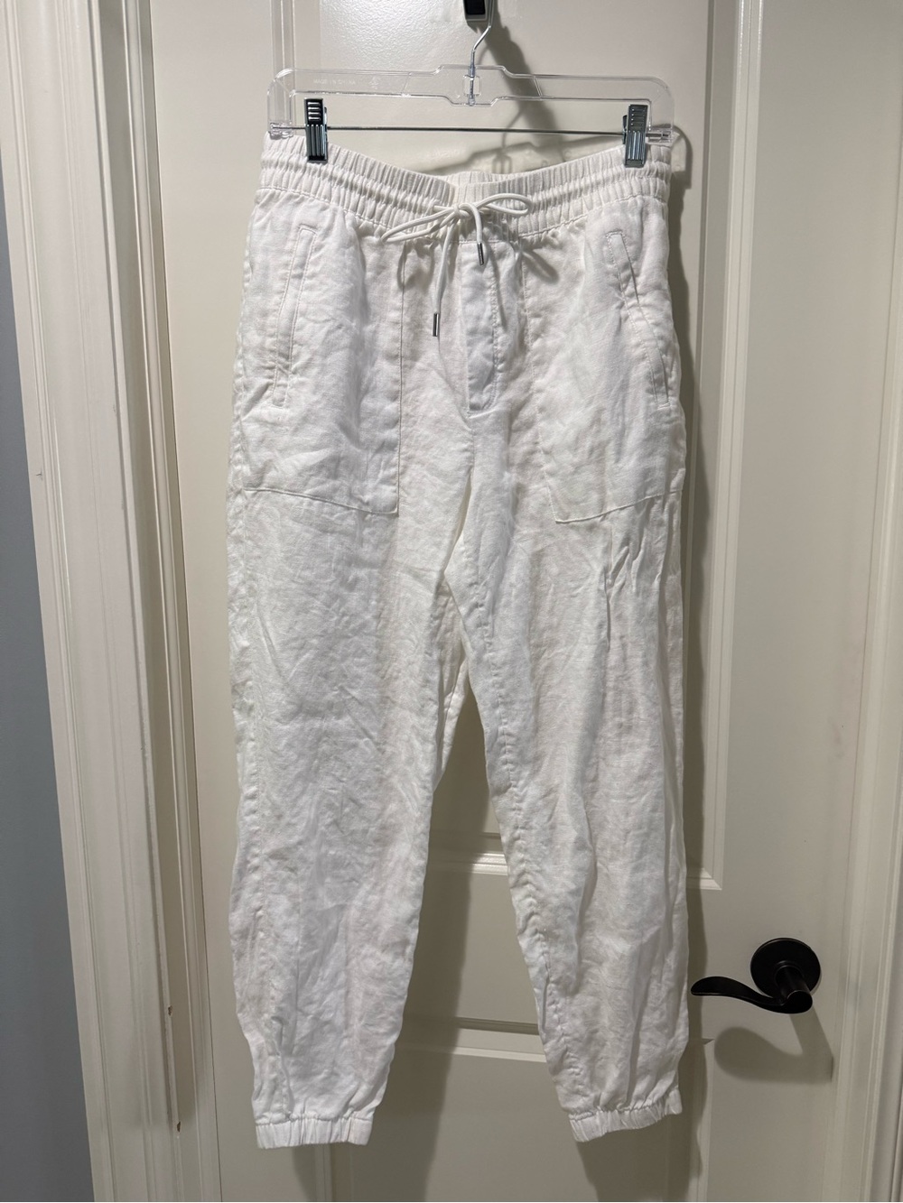 Athleta White Linen Drawstring Cabo Jogger Pants zippered pockets